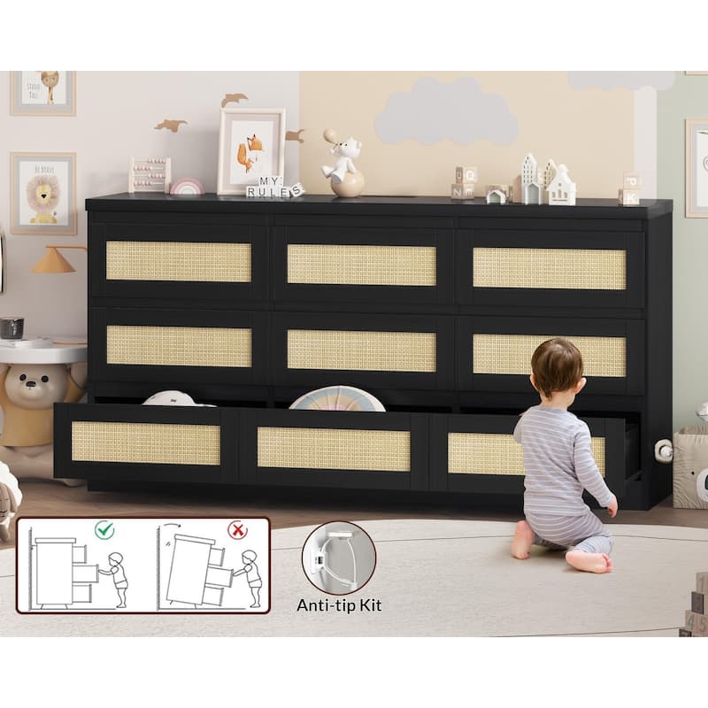 Farmhouse 9-Drawer Dresser with Rattan Accents and Built-In Charging Station, Wooden Storage Cabinet