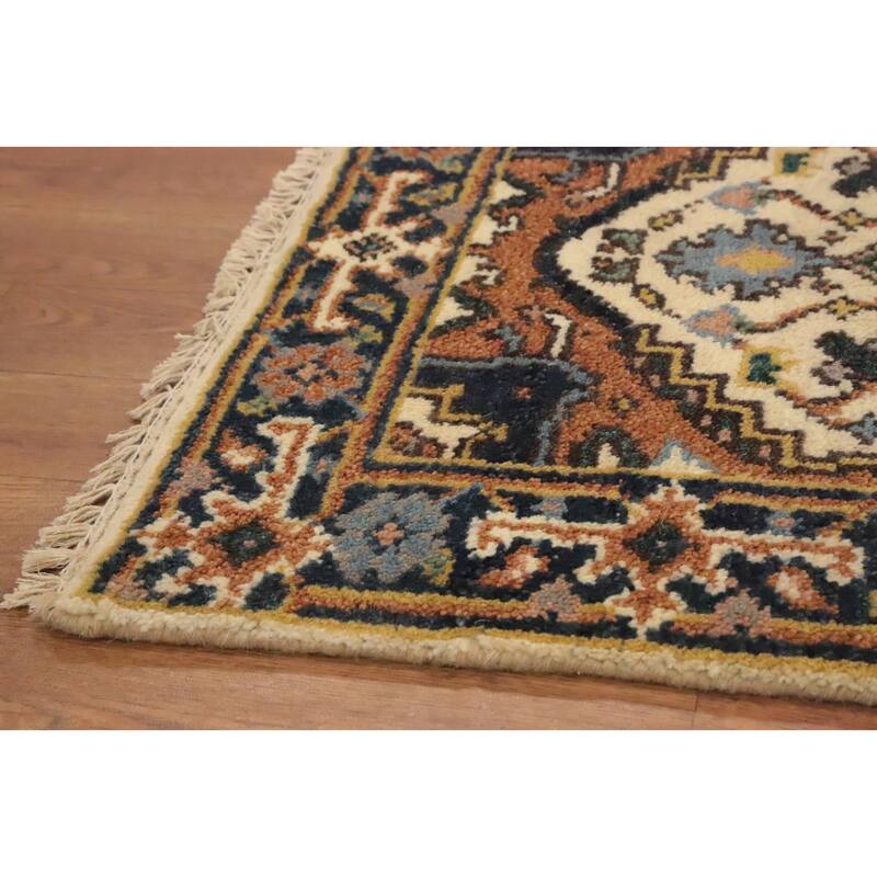Hand Knotted Oriental 100% Wool Carpet Traditional Medallion Beige & Ivories Heriz (serapi) Area Rug - 3' 0'' X 2' 0''
