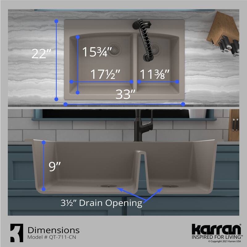 Karran Drop-In Quartz 33 in. 1-Hole 60/40 Double Bowl Kitchen Sink Kit