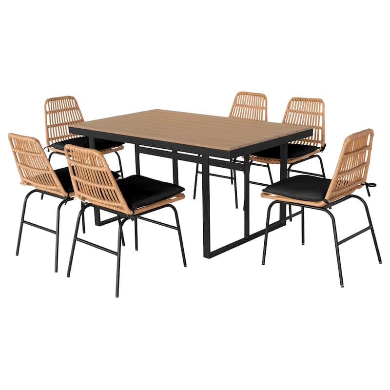 7 piece Outdoor Dining Set, Glass Table with Woven Chairs for Patio, Balcony & Garden - 26.77"L x 20.87"W x 31.1"H