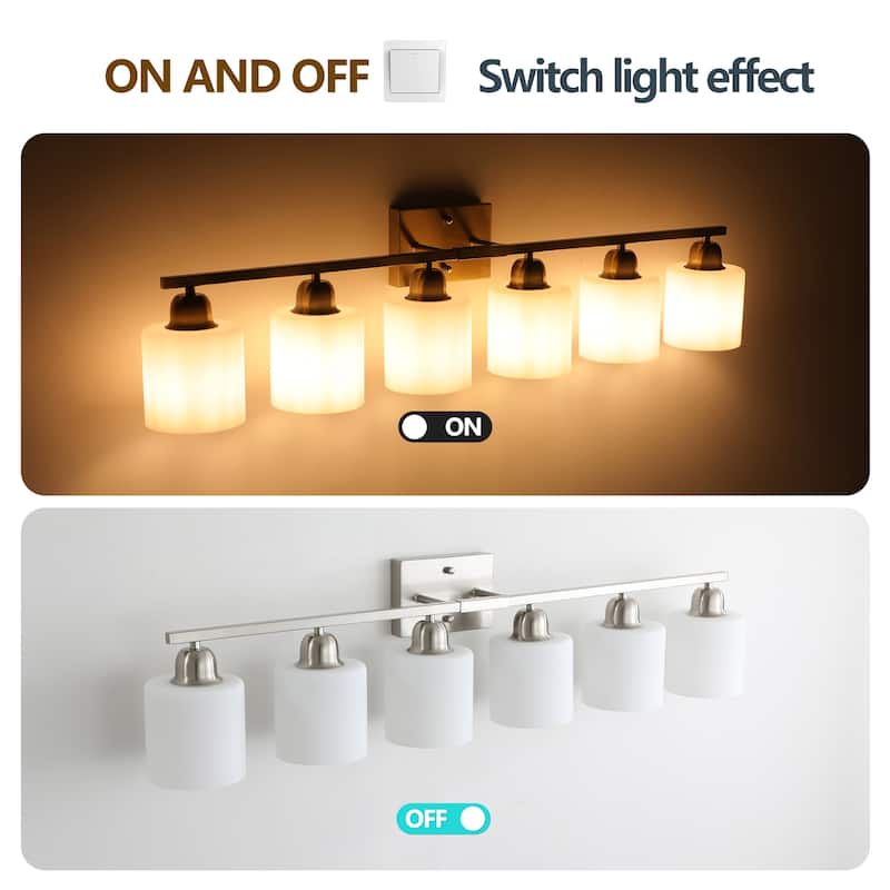 38" 6-Light Nickel Bathroom Vanity - Milky Glass - Wall Sconce for Bedroom