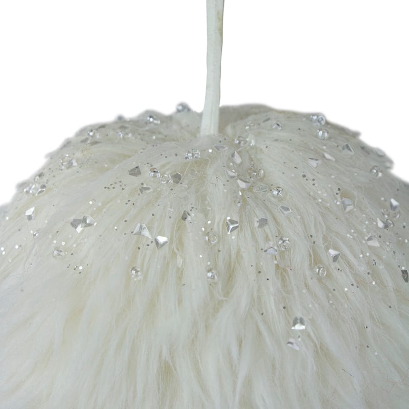 4-Inch White Faux Fur Hanging Christmas Ball Ornament - 4"