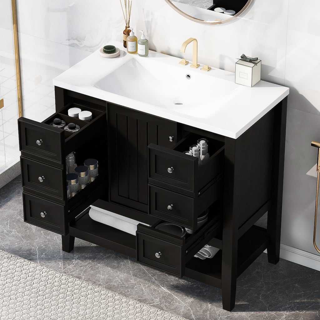 Bathroom Vanity with Sink, Bathroom Vanity with 1 Cabinet and 3 Drawers, Solid Wood Storage Cabinet with Open Shelf