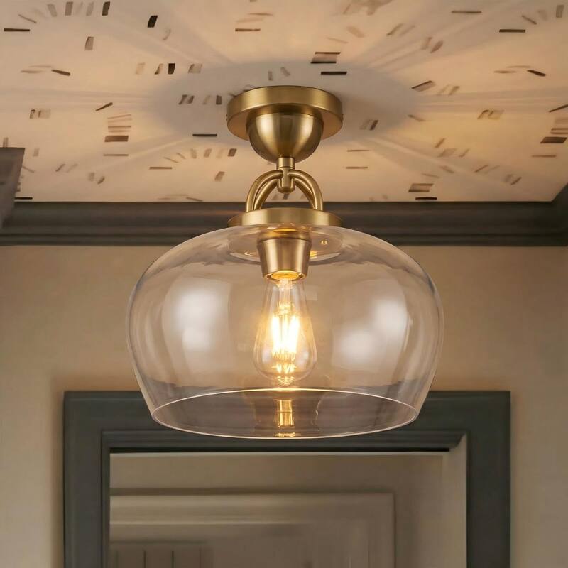 1-Light Modern Metal & Glass Flush Mount with Transparent Open Flat-Ball Shade for Bedroom - 11.8 in. W x 13 in. H