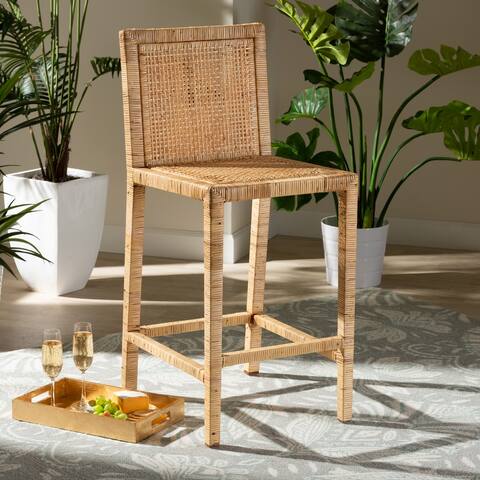Sofia Contemporary Natural Finished Wood and Rattan Counter Stool
