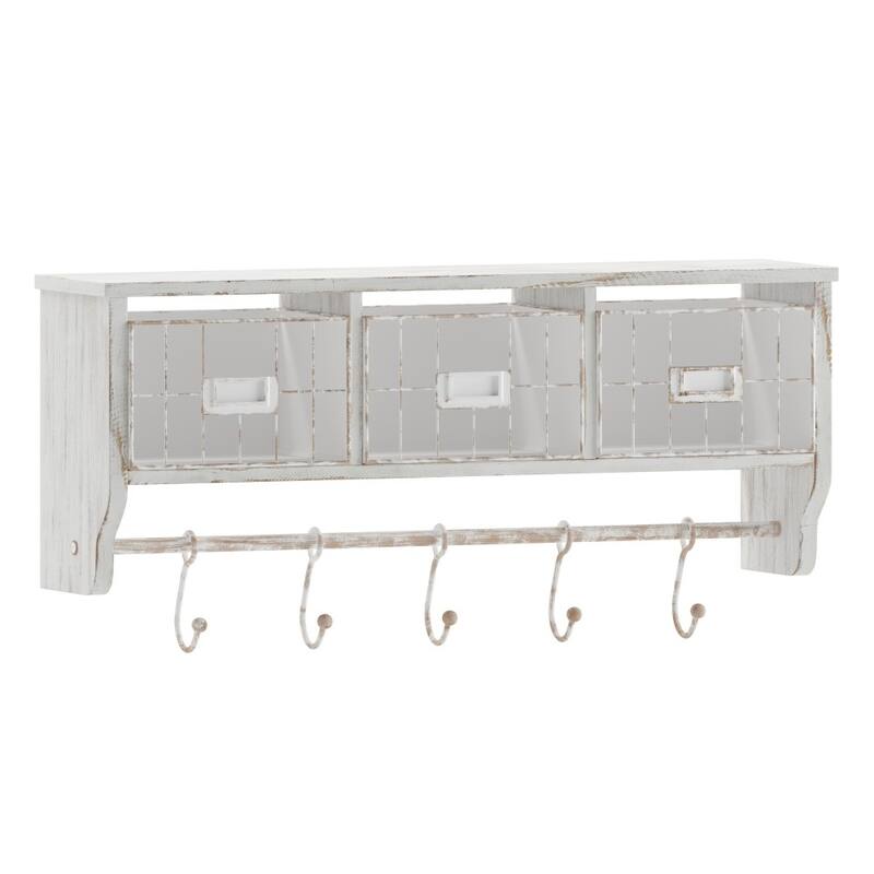 Wall Mounted Storage Rack with Upper Shelf, Wire Baskets, and Hooks