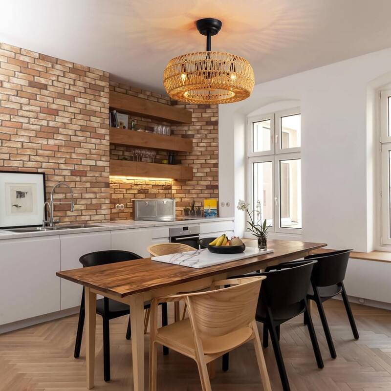 20" Boho Caged Ceiling Fan with Lights Remote Control Rattan Low Profile Ceiling Fan Farmhouse Ceiling Fansfor Kitchen Bedroom