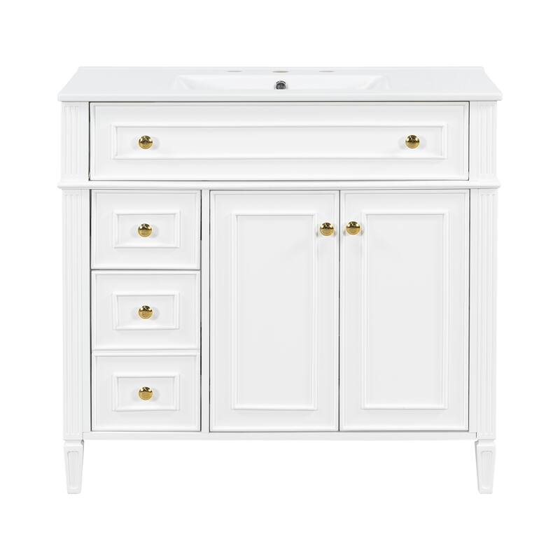 Modern 36 Inch Bathroom Vanity with Ceramic Sink, Solid Wood Frame Bathroom Storage Cabinet with Drawers and Gold Handles
