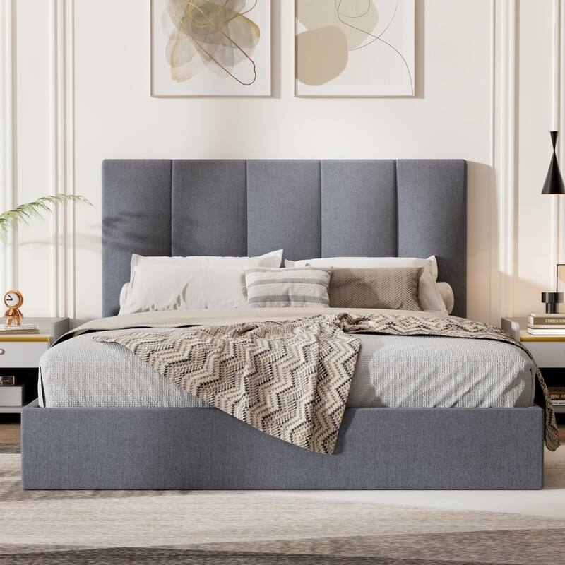 Modern Upholstered Lift-Up Storage Platform Bed with Headboard