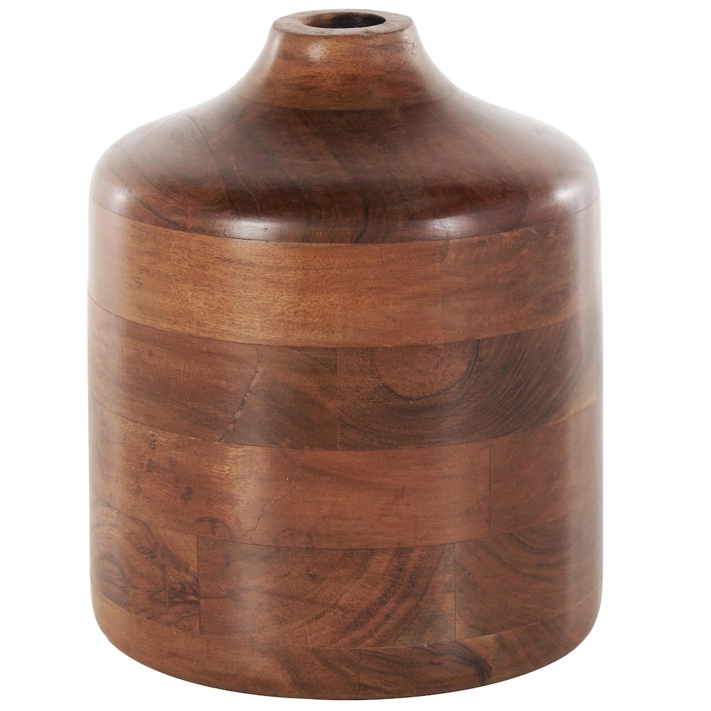 Wood Decorative Vase with Mosaic Strips and Natural Wood Grains - Brown - Roche River Decor - 8"W x 8"L x 9"H