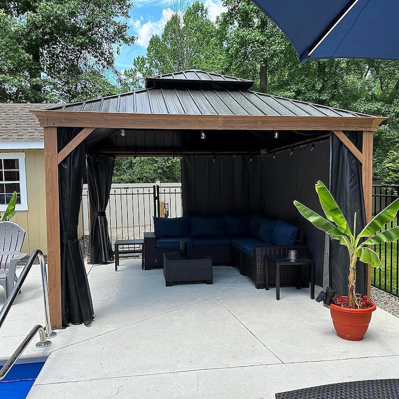 PURPLE LEAF Hardtop Gazebo Galvanized Steel Roof Gazebo Pergola Wooden Coated Alumninum Frame Wiht Mosquito Net and Light - 12ft x 16ft