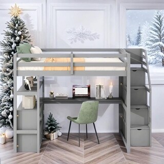 Twin Loft Bed with Desk and Shelves, Drawers, Storage Staircase, Gray