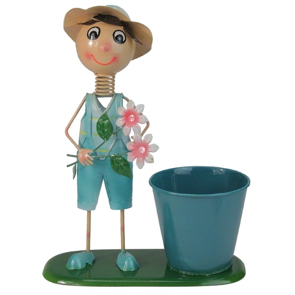 13.5" Blue Boy with Overalls Pink Flowers Spring Outdoor Garden Planter - N/A
