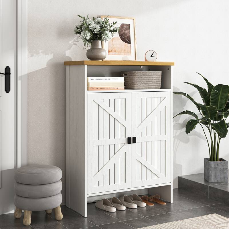 Double Door Wooden Shoe Cabinet, Multifunctional Shoe Organizer, Hidden Shoe Cabinet with Top Shelf and Open Shoe Rack - White