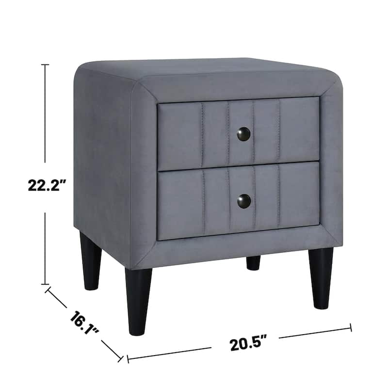 2 Drawers Velvet Upholstered Nightstand with Tapered Shape Legs