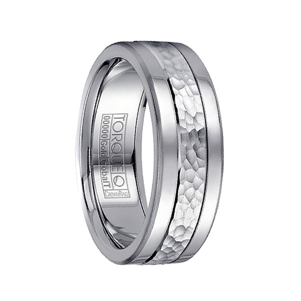 14k Hammered White Gold Inlaid Cobalt Men S Wedding Band With 14k Hammered White Gold Inlaid Cobalt Men X27 S Wedding Band With Dual Grooves