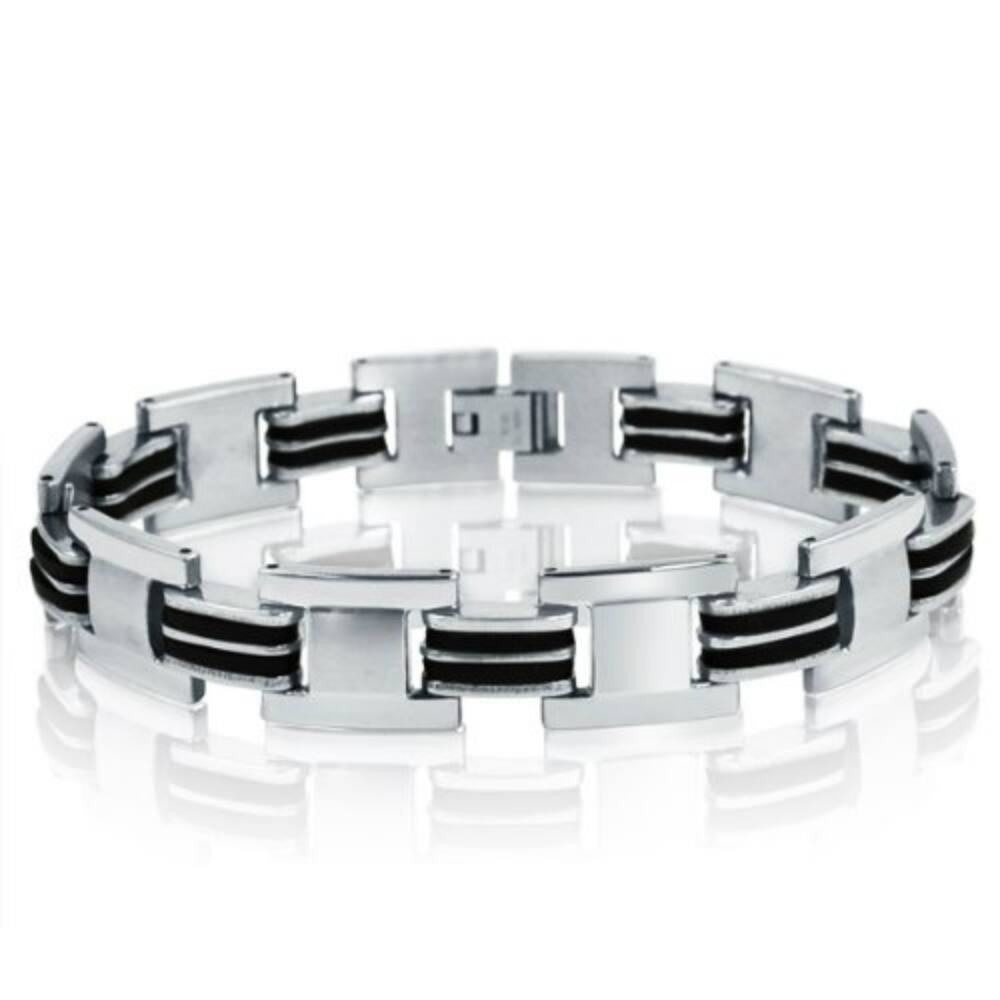 Oxford Ivy Stainless Steel with Black Rubber Mens Chain Link Bracelet 8 1/2 inches