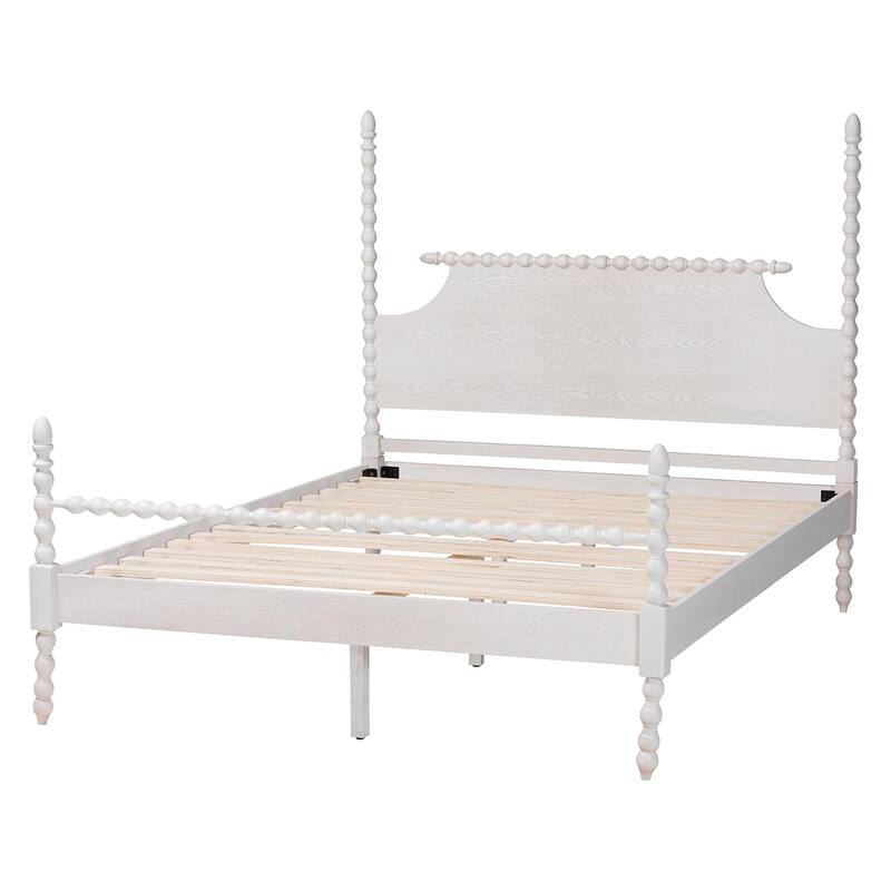 Caliana Bobbin Four-Poster Platform Bed - Wooden Bed Frame with Turned Spindle Posts and Panel Headboard, Vintage-Inspired Style