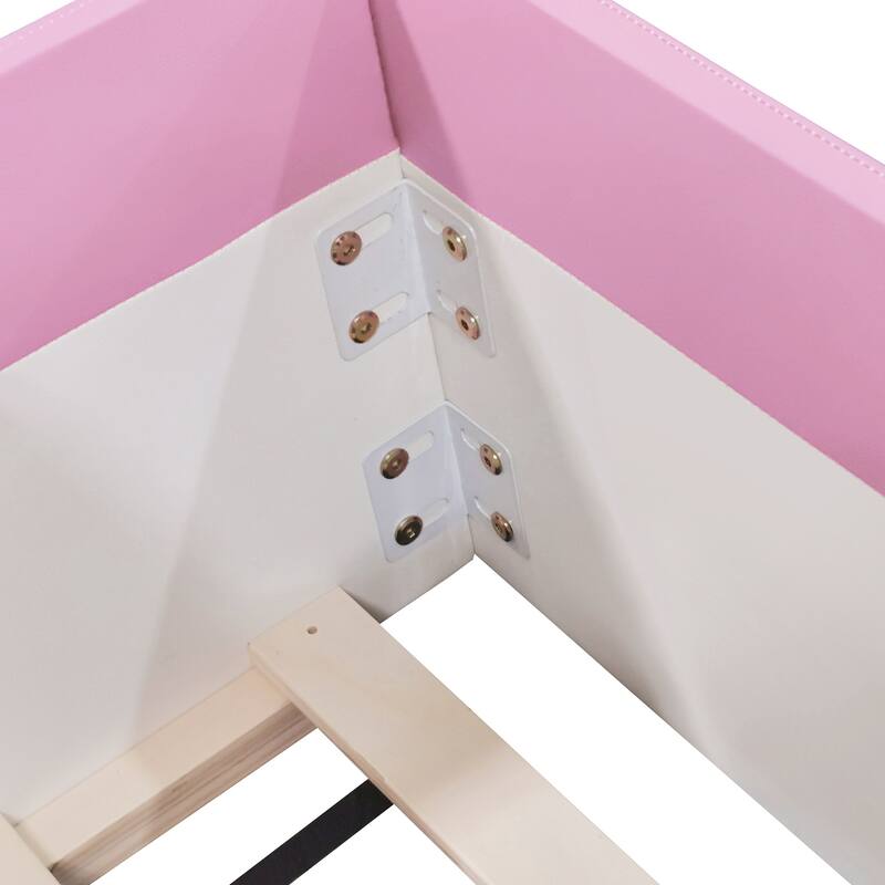 Twin Size Upholstered Daybed Frame with Fence and Stairs in Pink and White