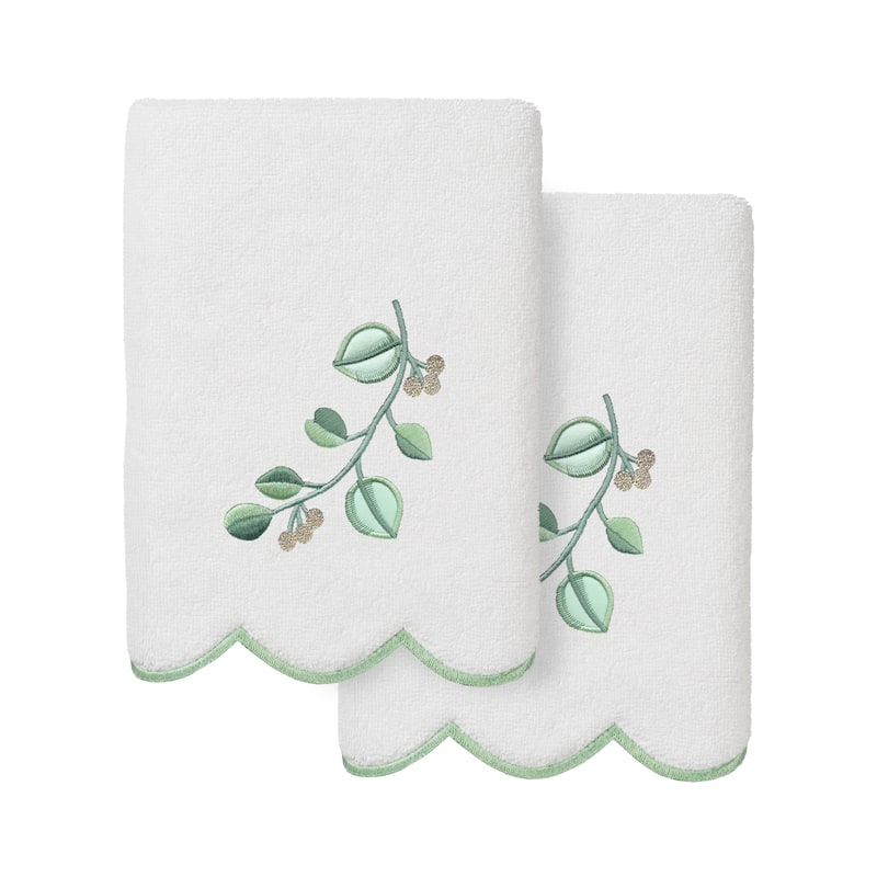 Authentic Hotel and Spa 100% Turkish Cotton WILD BRANCH Scallop Embellished Towel Collection - White/Green - 2 Hand Towels
