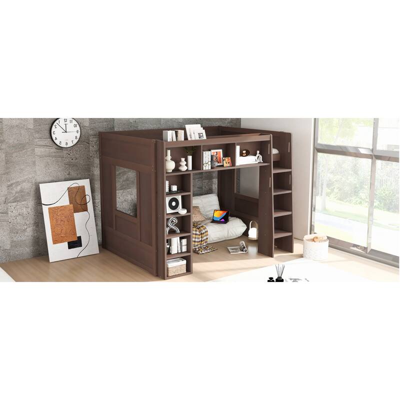 Roomfitters Queen Size Loft Bed with Storage Cabinets and Bookshelves