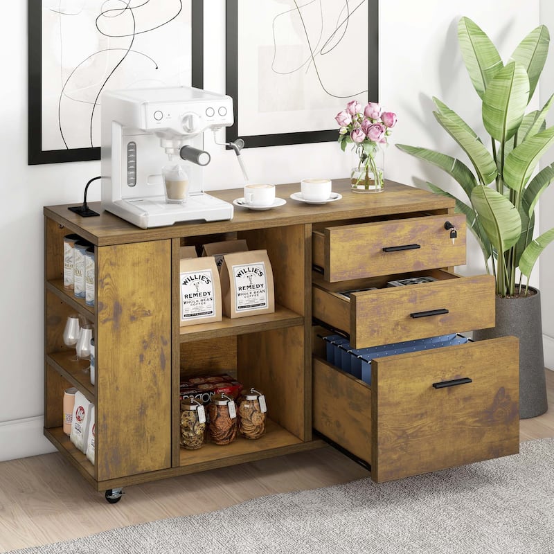 Moasis Mobile File Cabinet with Charging Station and Lock for Home Office - Brown
