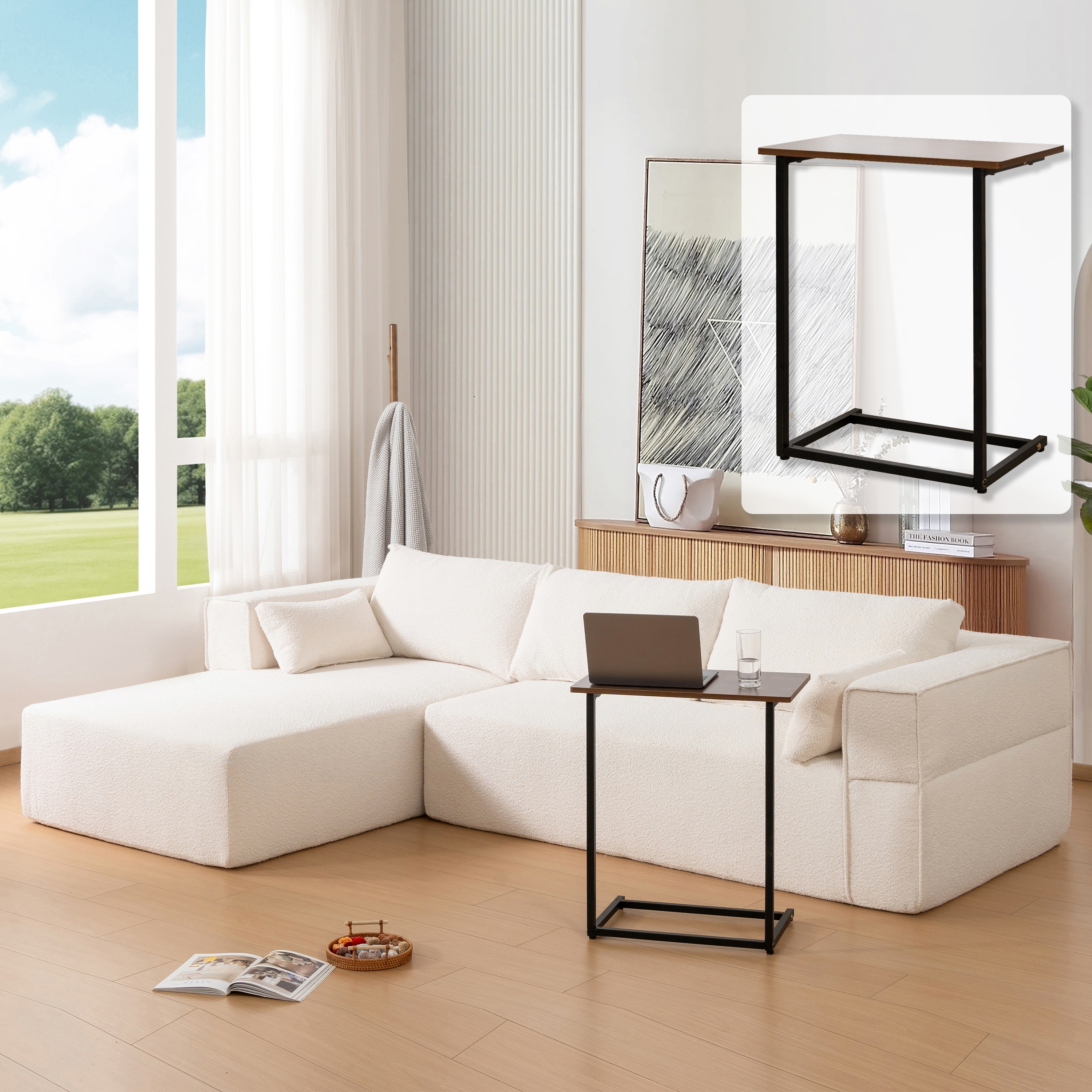 112" Modular Sectional Sofa with Free Side Table, Wrinkle-resistant Boucle Fabric Couch with Chaise, No Assembly Required