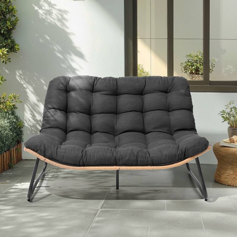 Double Papasan PE Rattan Chair Loveseat with Cushion For Indoor Outdoor