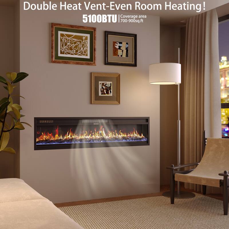 Modern Black Fireplace TV Stand Combo,Remote Fireplace Heater,2 Drawers,Light Strip & USB