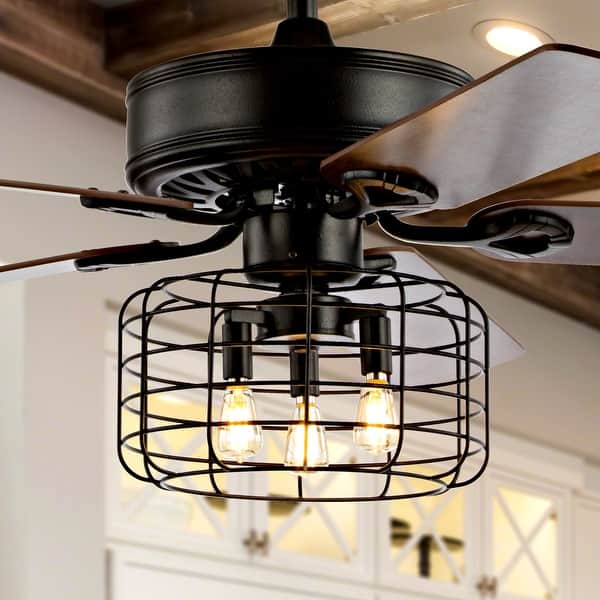 slide 2 of 13, JONATHAN Y Edith 52" 3-Light Industrial Metal/Wood LED Ceiling Fan With Remote, Forged Black