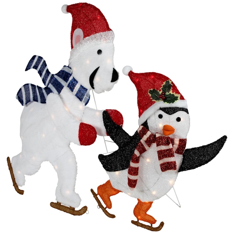 41.25" Lighted Ice Skating Polar Bear and Penguin Outdoor Christmas Decoration - Red
