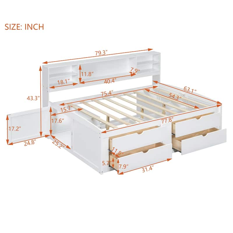 Full Size Wood Daybed with 2 Bedside Cabinets, Upper Shelves and 4 Drawers, White