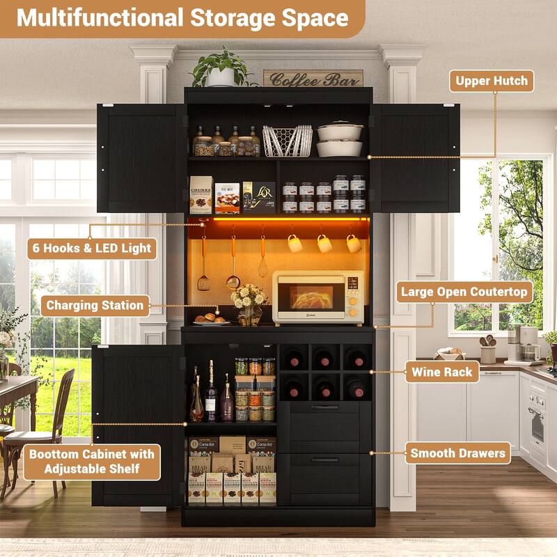 Farmhouse 72" Tall Kitchen Pantry Cabinet with Charging Station, Coffee Bar Cabinet with Hutch and LED Light