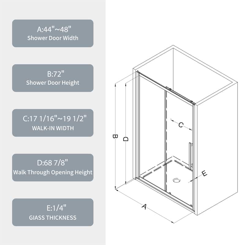 44"-48"W X 72"H Sliding Shower Door with 1/4" Tempered Glass