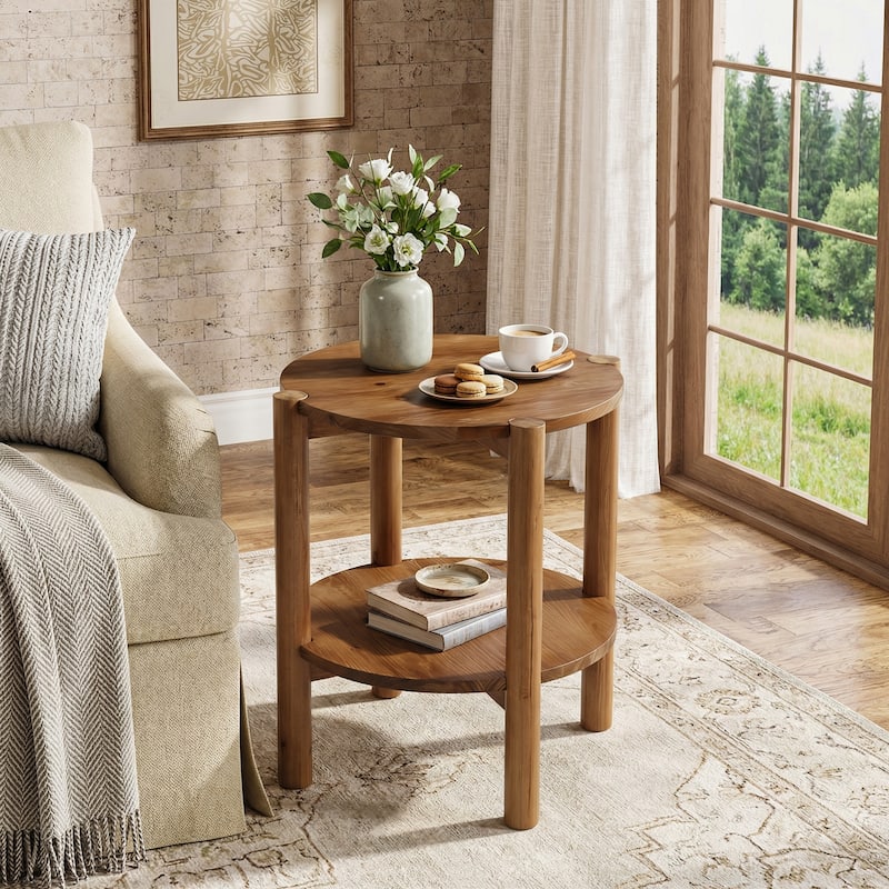 2 Tier Solid Wood Round Side Table, Farmhouse End Table with Storage Shelves
