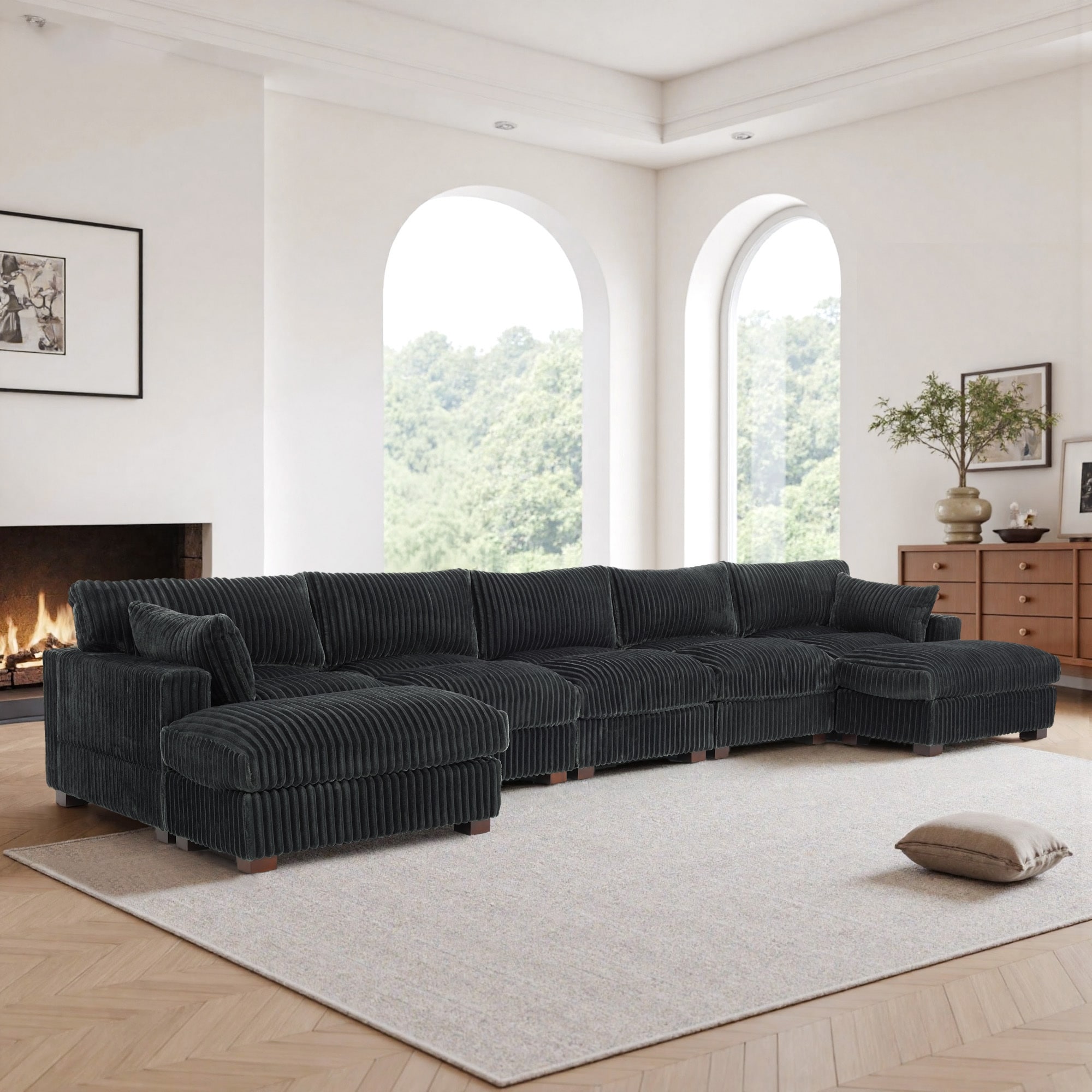 Modern Oversized Plush Corduroy Modular Sectional Sofa with 2 Ottomans