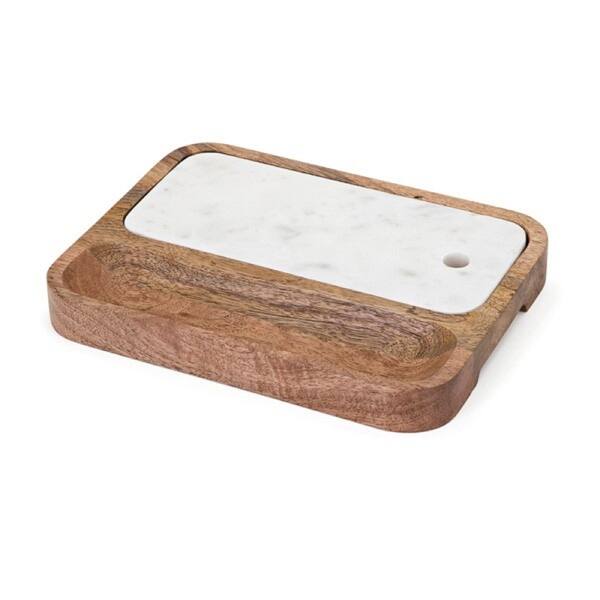 15 Inch Deluxe White Marble and Solid Acacia Wood Serving Tray