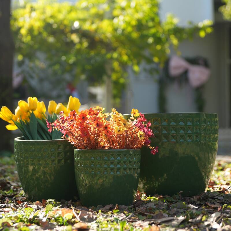 Set of 3 Ceramic Planters Diamond Pattern Plants for Succulents Herbs