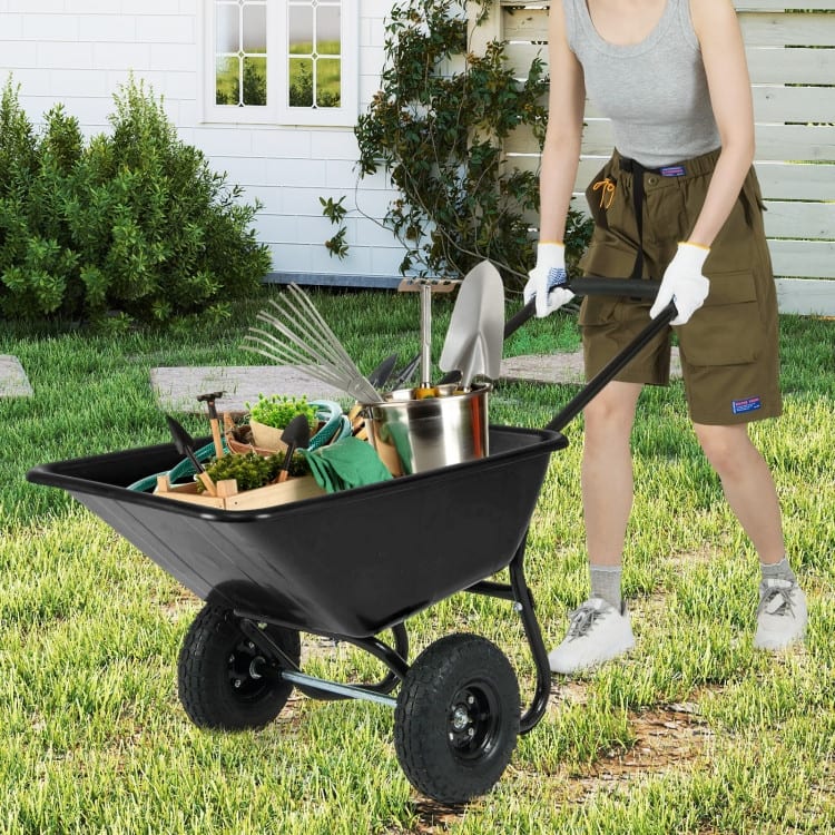 Dual-Wheel Wheelbarrow Garden Utility Cart with Pneumatic Tires-Black