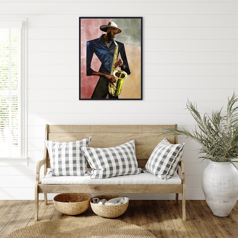 Sax Player by Manasseh Johnson sr Framed Canvas Wall Art Print - Sylvie Beaded Black