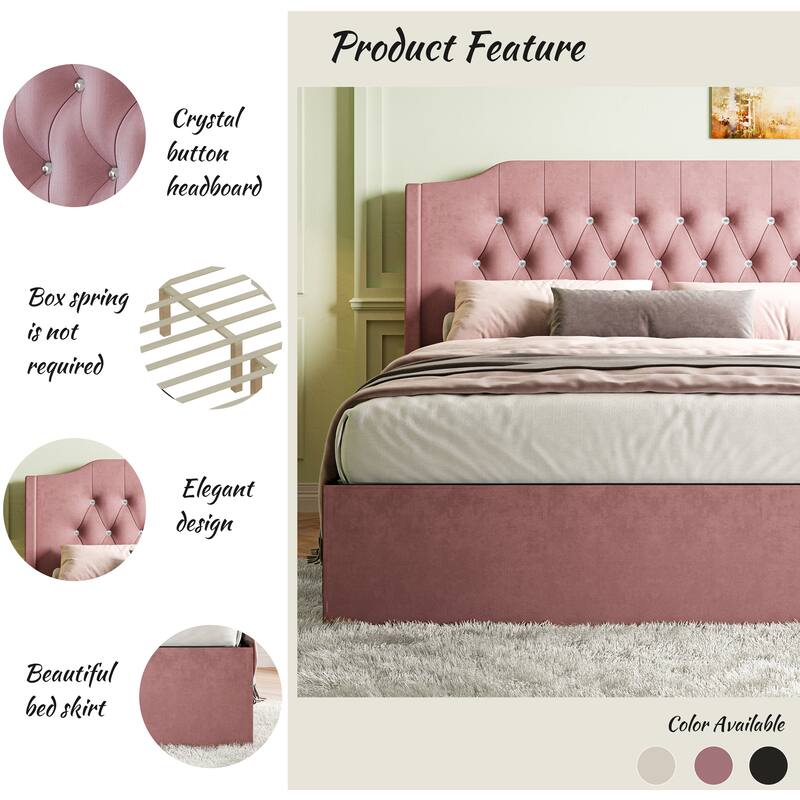 Roomfitters Tufted Wingback Queen Bed Frame with Crystal Button Accents and Under-Bed Storage
