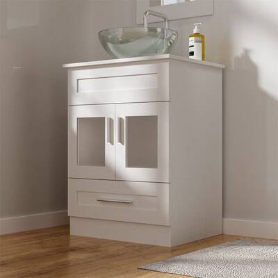 ExBrite 24 in.W x 19 in.D x 32.3 in.H White Wooden Minimalist Bathroom Cabinet Vanity with Mirrors