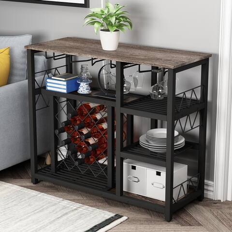 Modern Industrial Home Kitchen Dining Room Metal Wine Rack Table with Glass Holder, Freestanding Wine Bar Cabinet Console
