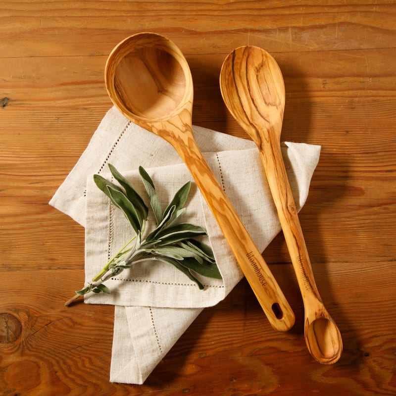 Bloomhouse Italian Olive Wood 2 Piece Extra-Large 14 Inch Ladle and tasting Spoon Set