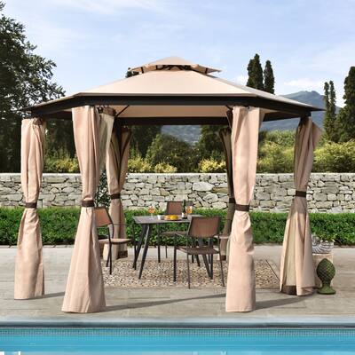 11.8 ft x 11.8 ft Double Layer Ventilated Gazebo UV Resistant Soft Top Awning with Mosquito Net for Backyard Lawn and Garden
