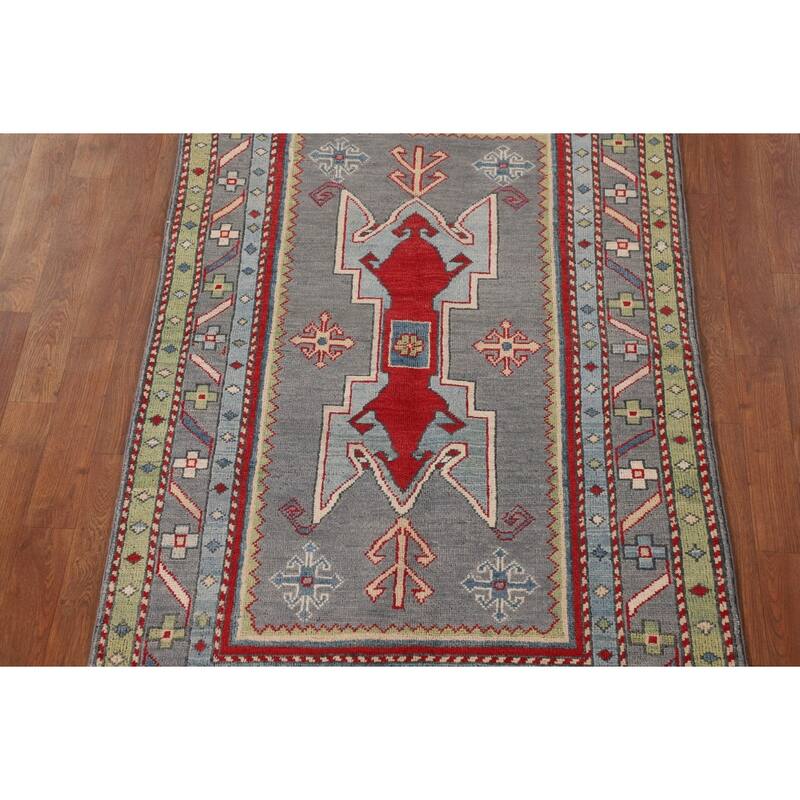 Gray Geometric Kazak Oriental Accent Rug Hand-Knotted Wool Carpet - 3'4"x 5'0"