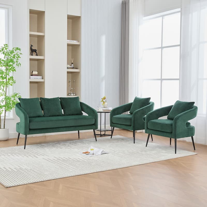 3 Piece Upholstered Velvet Living Room Furniture Set Metal Legs Open Back Charcoal Loveseat 2 Accent Chairs
