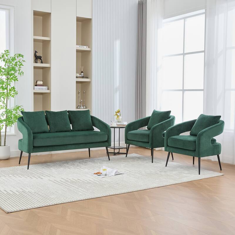 Roomfitters Velvet Living Room Set, 3-Piece Open Back Sofa Conversation Set with Metal Legs for Small Spaces