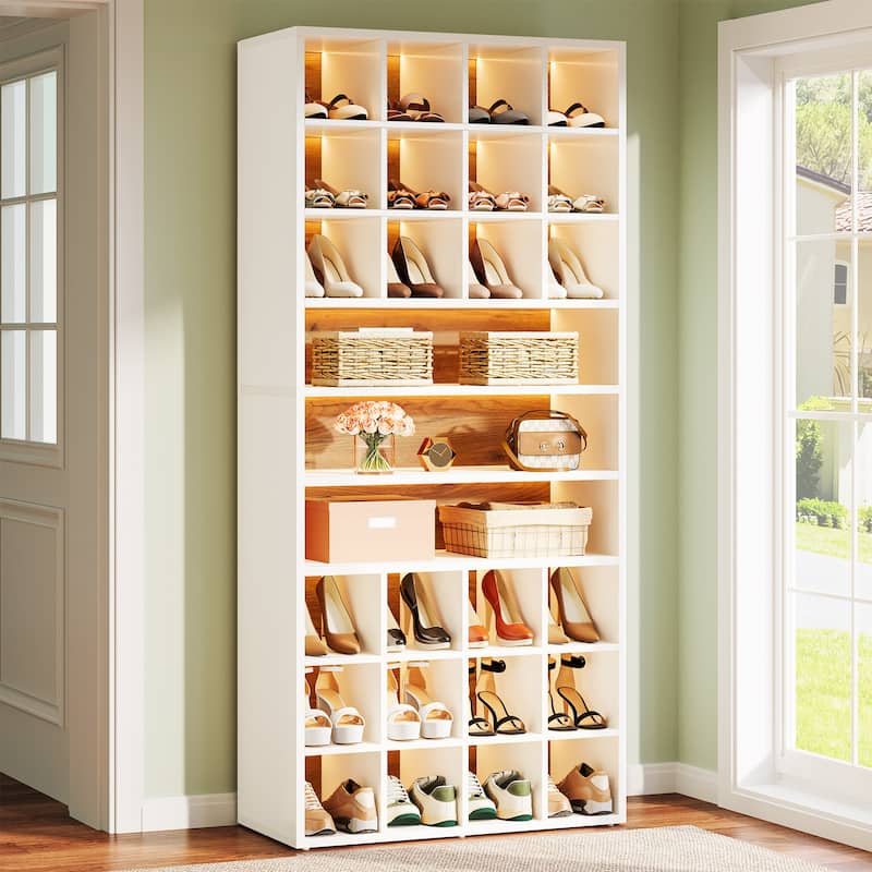 White LED Shoe Storage Cabinet with 24 Compartments for Entryway - White