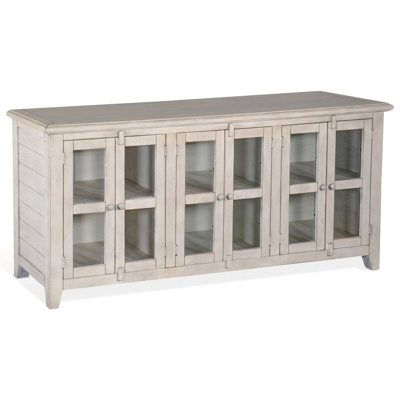 Yael TV Media Console, 6 Shelves, Glass Doors, White Mahogany, 70 Inch